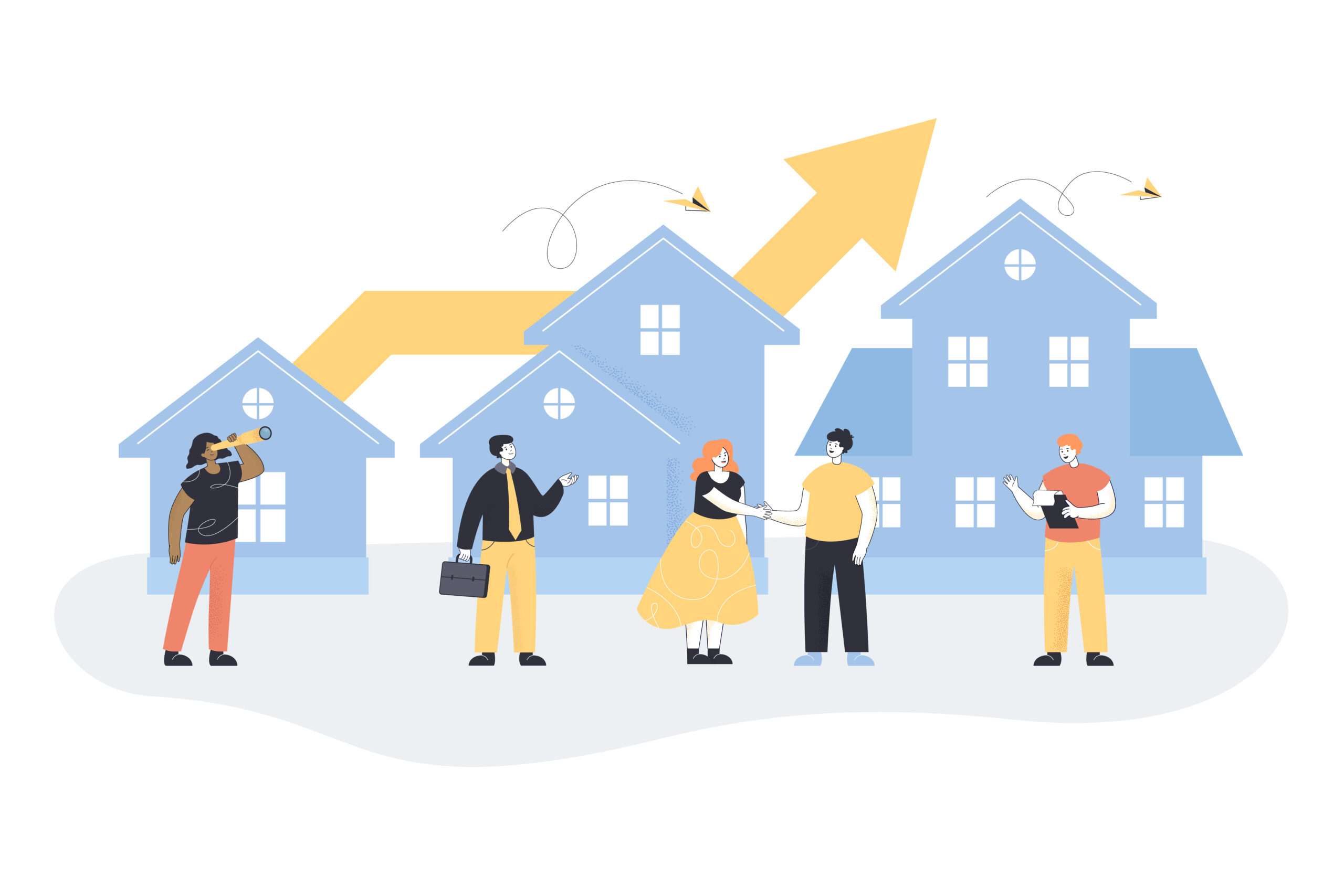 Tiny real estate agents with clients near houses
